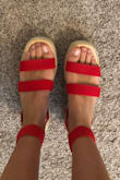 i ordered a half size down and they fit perfect! I was hesitant to order a smaller size than usual but they fit perfect. straps are kind of loose but I have an extremely narrow foot. normally wear a 9, but ordered an 8.5 and I love them! - Maddie O.