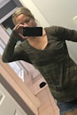 Love this tee! I'm obsessed with camo print and didn't have a long-sleeve one, so I was so glad when it fit. It is a little loose at the top and a little baggy but that's how I like my tees. I could have probably gone a size down and not worried about the low cut/cleavage as much, but the rest fits how I like it, so I make it work. If you like things a little snug just go one size down. - Kasi H.