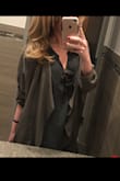 Very light weight, not going to keep you super warm but you will look super cute. Wrinkles easily, says dry clean but I washed and air dried and all good. Glad I got this in the green, it's very on trend! - Maura R.