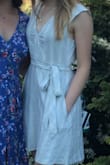 The dress is super flattering with the tie around the waist. Definitely on the modest side, but I really like it. It wrinkles easily and material is not the best quality. Still, it's super cute and great for summer! - Mia B.