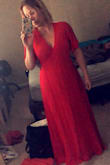 First off, it comes in a small bag and the dress was completely wrinkled. The next flaw is that the tag is sewn in and visible from the back of the dress. They used black thread, very tacky. I put on 3 1/2 inch heels with the dress and it still was collected on the floor. Gorgeous color but most definitely not a fit. I will be returning. - April H.