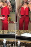 Super cute but ended up ordering another color because this one runs slightly smaller in the hip area. Definitely would need a plunge bra or stickies to hold it up. More of a red with orange undertones so pretty bright! - Erika C.