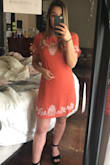 I'm 5 foot and a size 4. Normally I wear a size small but for this I sized down and it was still a little long and loose. It's not loose enough that I would alter it. It's a perfect fit that's comfortable. It's formal enough to wear to a wedding, and it's cute enough to wear to a brunch. Overall I'm pleased. If you're like me and in between sizes, for this dress I would size down! - Sarah R.