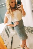 Fit perfectly when I wore it high waisted. The slit in the back makes it easier to walk in. Received many compliments. Also obsessed with the color! - Sara B.