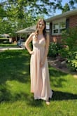 Fit perfect, very comfortable to dance in all night. No alterations needed. The eyelet hook fell out right away but the zipper held up all night for High School Prom.
She wore flats with the dress and the length was perfect on her tall frame. - Betsy C.