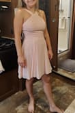 Fit my like a glove, seems to work great for shorter girls. Cute color, more pale pink than peach. A little wrinkly in the photo but is expected after shipping. Higher quality fabric. Absolutely love it! - Greta N.