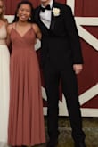 I absolutely loved this dress for prom! It was altered to compensate for my height, and I also wore heels with it. Very simple and elegant. Sticky bra works best with this dress. If you have small breasts, I recommend getting the chest part tightened up a little. - Katie N.