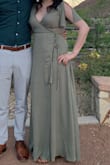 This dress fit really well and was super comfortable! I'm 5'2" and wore 3 3/4" block heels with the length barely kissing the floor. I didn't have to make any alterations which is a major plus and the material was perfect for weather in the 70-80's range. AMAZING dress! - Amanda T.