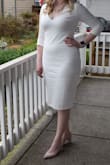 This dress fits perfectly to size descriptions, well lined and great material - stretchy enough, but still very durable. Wore to my bridal shower and it was a hit! Also great for work, reception dress, rehearsals, or anything! Was on the warmer size, so would suggest wearing inside or when it's a little cooler if you tend to get warm. - Kelsey D.