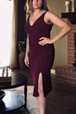 I'm in love with this dress!! I purchased the red & black in size small. I read all reviews and based my size mainly on my weight. The material is soft & stretchy, love the slit!! May have it hemmed a few inches. I've had 3 kids so I have a small pouch in the mid section but this dress still looks amazing!! Without hesitation... BUY IT!!!! - Amy F.