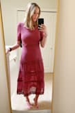 This dress is so unique and that's why I love it. I know this dress won't work for everyone and I was honestly super skeptical that it would look good on me ( I thought it would look too prairie or hippie-ish), but when I tried it on I loved it. It's unique and not like all other dresses and that's why I love it! Being tall definitely helps as this is pretty long. The color is amazing. Fair warning this is a see through dress so it's a see through sheath and then you wear a slip underneath. So the whole dress looks like the bottom of the dress on the model as far as see through even though you can't really tell that in the picture. It does come with a slip to wear so it's not a problem at all, just a warning as you can't really tell that in the pictures. - Brittany R.