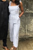 Wore this for a graduation and it was great! Very comfortable and able to move around in. The bust was the tiniest bit big (I have smaller breasts), and the ruffle straps could be a half inch shorter. Overall, loved this jumpsuit. PLUS, pockets!! - Danielle C.