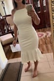 This dress is a thick material for a bodycon. This dress is definitely made for tall women, and I am only 5'0 so it was long on me. I got an XS which is my size, but it still fit loose at the top and at my stomach. I expected this dress to fit like a glove. You can see the lines it made. I won't reorder because it is just too long for me. This is a nice dress! It has the potential for someone else. - Kimberly M.