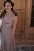 This was worn as a bridesmaids dress. Everyone wore the straps a different way. Material weight is a little on the heavier side but smooths over curves for a flattering look. Length was a little long for me, but perfect with a 3inch heel. Easy to hem if necessary. I couldn't find a way to hide a strapless bra so I used adhesive cups. - Stephanie S.