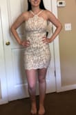 I bought this for my bachelorette dress for Vegas! When I ordered it I figured it would be way too short, but I think it's okay for the occasion. Although I haven't worn anything like this since I was probably 18 haha! I also like that I can wear it without a bra and maybe with just some petals. Usually in my experience with Lulus dresses, the fabric is a way better than average quality, but this dress seems so-so. I doubt it would hold up well over time, but since I just need it for one night it's okay. - Sarah H.