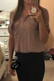 I love the pink earth tone color. Cute but also professional. I wear it tucked into black office pants. Fit great, it is sheer so definitely wear a tank underneath. - Megan M.