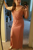Maxi dresses are always too long but, this is the perfect length for me just a half inch above the floor. Soft and stretchy material. Side slit hits right in the middle of my thigh. Top half has plenty of room if you have a bigger chest. I'm wearing flat sandals. - Mariah L.