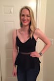 I loved this top when I saw it online and it did not disappoint in person! It's super flattering and flirty. I debated between the small and medium but ended up going with the medium because I have a longer torso. Very happy with that choice. It's also really nice that the straps are adjustable. My girls aren't that big so it was nice to be able to tighten the straps so it wouldn't be so low. Also, I typically prefer wearing a bra but with this top I felt very comfortable without one because the material is pretty thick. If you're thinking about getting it, do! You won't regret it! Just wish it came in other colors or patterns. - Brianna B.