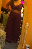 This outfit is exactly how it is displayed on the model ! The color is beautiful ! My body type is a bit unique, I've got hips and a bust but my back and waist are small... so my size varies in different things... I ordered a size medium which turned out would be the best fit, but in my crotch area it looked a little too loose and the pants looked a little too big so it was looking rather funky... The top was a little tight on my bust but loose toward the stomach...so overall I do think this would be my size but it just doesn't fit my actual body type. I feel like if I go a size up it's just going to be too big in the pants even if I could tighten it on the top. Overall it is a beautiful piece just not for my body! - Kelsie R.