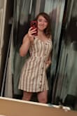 I wasn't expecting this to fit based on other reviews, but it was perfect on me. Fabric is a nice thick fabric, but I don't feel it will be too hot. Buttons didn't gape at all either. - Brittni S.
