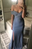 I ordered a small thinking it would fit, in hindsight probably would be better with the XS. Super great material, feels well made. The length is long but would be perfect in some super high heels. Color is more blue than expected but I liked it a lot. I definitely do not have enough boob to fill the small size, lots of extra room there. - Gwen L.