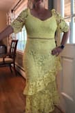 I returned this dress but it was beautiful. It is very fitting and did wonders for my hips. A bit longer than I expected but it looked great on. Lots of lace. The yellow is a very "belle" beauty and the beast. Would be perfect for a Cinco De Mayo celebration or simply just to dress up. Large was good and I'm 157lbs. - Melanie H.