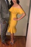 This was one my favorite wedding guests looks from last summer. The material is pretty thick, and the color is such a cute vibrant mustard. I'm glad it's restocked! - Kiara U.