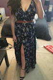This dress is perfect to dress down or up for the occasion! The fabric print/color is gorgeous, great quality and the inner skirt helps for any see-through mishaps. It's so simple but the print really brings out a dressier look.
I read the reviews and knew to order a size down (I'm usually a medium) but even the small was too loose in the top area :( I'm a 34DD so it shows cleavage with the weak clasp, but a tiny safety pin and it looks just fine :) The dress is just so cute and very flattering despite the size run! Definitely recommend!! - Grace M.