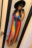 Overall this is an easy, effortless summer dress (and it was a huge hit over Pride weekend!), but not sure its worth the full retail price. Other reviews said it was only for girls with small busts, but if anything, I felt my Cs were too small for it. When I adjusted the straps tight enough to hold in "the girls," I had a bunch of loose fabric under my armpits, even when I was using the modesty snap. So if its too small for bustier ladies and too big for me, it seems like its just a generally poor-fitting top. However it fit perfectly through the waist and hips, and I loved it with a belt, so I just took in the bust a bit. While I was at it, I removed the modesty snap since I like to show a bit of cleavage. Other things to note is this fabric wrinkles VERY easily, and it's also a VERY long dress. I'm 5'9" and it brushes the ground when I stand up straight in flats. This is perfect for me but if you're shorter, you should be prepared to wear heels and/or get it hemmed. - Sam W.