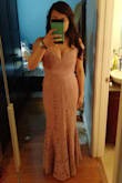 I naturally have narrow hips so I was a little worried that this dress would look way too baggy around my hips. Luckily that was not the case! It was beautiful even though I could easily take in the waist about 1 inch and the hips by about 1.5-2 inches on each side.

Of course since I'm a little vertically challenged, the dress needed to be hemmed. For others around my height, I trimmed off around 4" and the dress is now about 0.5" shy of the ground when I wear 4" heels!

All I can say, this dress is gorgeous and I couldn't have been happier with this purchase! - Erica Y.