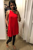 This dress has an interesting style to it and looks great on. Very soft material, nice color and will go great as a dress as well as with leggings. - Sarita U.