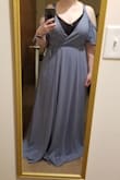 This had good reviews, but it just wasnt right. It was heavy/a lot of fabric and very long (several inches dragging on floor ). All of this made it look very frumpy in my opinion. 
It was also weirdly small in the bust. I definitely would not get a larger size since that would just add more fabric. 
Overall, I would just personally pass on this dress (if you are about my size/shape). There are similar styles on this site that look much more flattering (the Heart of Marigold dress is excellent). - Lauren A.