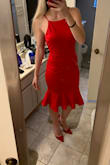 This dress is super cute, but I feel like it had too mach material. At the place where the upper part is stitched to the lower it makes is kind of overlap so it makes me look fuller than I am. - Galusic A.