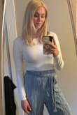 I have needed a simple white top forever, and this fit the bill perfectly. The long sleeves paired with the low cut back is super classy and sexy. The material is really thin making it an awesome long sleeve summer shirt, but it is a little see-through. It works with a nude bra just fine! - Amelia L.