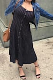 This dress fits so well. As a busty gal (34DD) I don't even need to wear a bra with it! The little sleeves have a pretty strong elastic but it doesn't look like it, so they're really durable and hold up really well, but still have a cute flutter look. Though I'm on the short side, the midi length still looks great and the large side pockets are super cute AND functional! It's probably going to be my favorite go-to casual dress. I should mention that the fabric is slightly thicker than it may appear, so it's not as light as a sundress but I think it can still be worn in warm weather. And I can only put it on if I undo 1/3rd of the buttons which takes a little while but it's not that big of a deal. I'm usually a medium but I sized down and it fits perfectly! Really do recommend this dress! - Grace M.