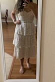 Love this dress, it's very comfy and fits perfect. I always have a problem bc I'm wide at my hip area and smaller on the top but this dress doesn't require any alterations. I was a little worried about the length at first since I'm not so tall but I think that with heels it's perfect! I will be wearing it for family photos but could easily be a beautiful bridal shower dress! - Karina M.