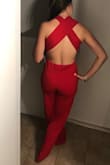 This jumpsuit is awesome. It fits me perfectly. I'm quite tall 5'10" and I got a medium. The material is a little heavier so definitely better for a fall/spring event. I think I'd be too hot in it in an outdoor summer event, but I LOVE it. Awesome chest and back exposure but still so classy. - Melanie W.