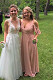 I either wear a small or a medium depending on the garment. Even though this bridesmaid's dress is a wrap dress I couldn't make the S fit so I got a M. The price reflects the material of the dress but I was looking for a reasonable price so I was fine with the cheaper quality. That being said, the style of the dress is beautiful and I got a lot of compliments. I did have to get it altered because of my height and bc the neckline is super low. If you are larger than a B cup you may be falling out. Since the dress is cheaper it did not take alterations very well. You can see in the pic the fabric pulling at the snaps. Even though there were issues, I love the style! - Kelly N.