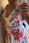 It looked great. I'm rather curvy, and it was great at hiding a bit of bump on the front and back; however, it needs a special bra/petals (if any). Material and details are okay. The fabric was a bit wrinkly and the color was a bit dimer than what's in the image, but all in all it's okay. I'm wearing 2.5" tall wedges, and it is still touching the floor but only barely... - Sepeedeh P.