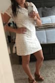 I wore this dress for an all white party and it was a perfect choice! I have an athletic body type, but the material moved perfectly. The lining inside was comfortable, but you do need to be careful with what is worn under as color can be seen through some. The sleeves are fitted but they do not cut in under the arms. This dress was made really well and I know it will be a great piece for several occasions! - Maggie D.