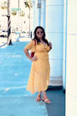 The material of the dress is really soft and good quality. The bust is a little loose and it's a little tight on the waist, but the cut and design is superb. Got a lot of compliments wearing this. - Sompa M.