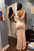 I wore this for a black tux/formal June wedding and I was almost afraid to buy it because the blush color is so light. I thought it would be too close to white or cream, and I most definitely did not want to be competing with the bride on her day. However, the blush color was just right and the style was very fitting for the occasion. I received many compliments on the dress. I was over the moon with the fit. I wore it with some Spanx to keep my figure tight and slim because the material shows all and I knew I'd be eating and drinking some (I have a little tummy pudge, especially post meals lol). I had to steam it because it was wrinkly upon arrival and I was unsure about how it would hold up to ironing, but that was a super simple task that I actually did just a few hours prior to the event (you can buy a cheap steamer for like $20). I'd recommend some pretty high heels and a cute date ;) to guide and balance you because of the length, but overall I'd give this dress a 10/10 for the fit, look, feel, quality, and price. I love love! - Keysi C.