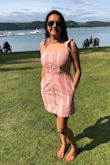 The dress' fabric is rather thicker which is what makes it perfect to wear without a bra. The side pockets are a perfect touch. I loved it! - Diana R.