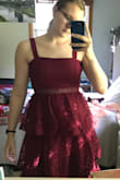 I was second guessing myself with ordering a large. But once it came and I tried it on I had no doubts! It fits perfect! There's a little bit of stretch to it but not much. It hits me a little below my knee. The only thing I would say is the chest is really wide, when I have it on there's a little bit of gaping near my underarms, but you would only notice if you were looking for it. Other than that one of the best dressed I've bought online! - Alissa B.