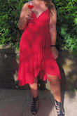 I loooove this dress, it is beautiful and such a nice quality! I will say that the top is very low cut though. I had to tape it to avoid accidents. I'm 5'9" and this dress was a perfect length for a summer wedding! Plus, I was quite bloated that day and it hid my belly beautifully too. :) - Marie-Philip M.