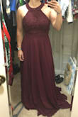 I love this dress. It's beautiful. Love the style and the color. It is extremely long, as in I'll have to get it professionally hemmed. Can't just wear tall shoes. I did get a small and a medium. The small fit but the medium was more comfortable. The ordering and return process was easy and great. Got the dresses quickly and was able to easily return the other. Very pleased. - Lydia F.