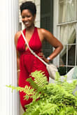 Love this jumpsuit! It's such a lightweight material, making it easy to move around in and comfortable to wear on sweltering hot days. Wore this to an event while visiting New Orleans in July (temp of 97 degrees and 70% humidity) and I didn't feel uncomfortable or hot in this jumpsuit as one would expect. I have longer legs, thick thighs, and shorter/average torso, so sometimes I am concerned about the fit of rompers and jumpsuits. I think this one hit the mark perfectly. Ordered a large because I didn't want it to pull or fit tight on my hips. Overall, this is a win for me. Just note that the material is really thin, so you may be able to see through some areas if standing in direct, bright light. - Shenique D.