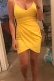 I ordered the yellow in small. The back of the dress is a bit see-through. I don't think it would be possible to wear underwear. I returned it because you could see my tattoo through the fabric. I got the medium, but the front fabric was a little too much for me. Finally, I ordered green (s) to prevent the see-through issue, and the green is not the same as the picture! I'm a little disappointed with the fabric and color. ALSO, I wish there was another skirt underneath because the wrap front is real. I'll have to find some shorts/underwear that won't be able to be seen. If there was a double skirt the see through issue and shortness of the front issue would be solved. - Kellie D.