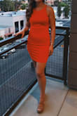 I bought this dress in the Spice Red Orange for a girls trip to Scottsdale. I was looking for short, fitted, bright colored dresses to wear when we went out dancing and to the bars that I would not worry about issues and still stay cooled! This dress met all my expectations and more. The dress is super fitted and held me in, which I loved. The fabric is amazing, it has the perfect thickness, and it felt great the entire night. It's nicer than a normal summer dress, but it's casual enough to dress down if you wanted to. I wore a backless stick on full bra with this dress because it has a low cut back and it stayed in place all night. One of my favorite summer dresses now! - Hanna V.
