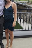 I now have this dress in 2 colors and I love it so much! I didn't have to wear a bra and it fit great! It's very form fitting, which I usually hate because I get self conscious of my tummy, but the front of this dress would make any tummy look flattering! I wore it to a wedding with nude heels but it could easily be dressed up or down. I did have to pull the dress down quite a bit as it tends to ride up. - Libby S.